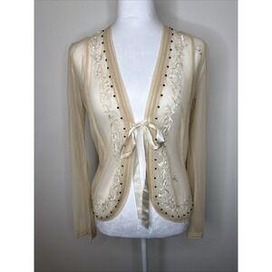 Vintage Y2K New York & Co Long Sleeve Sheer Mesh Cardigan Top M Beaded Tie Front